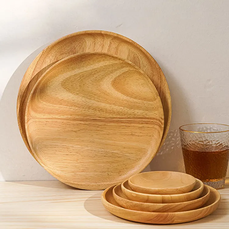 Custom name logo Simple restaurant hotel kitchen natural round rubber beech wooden plate set