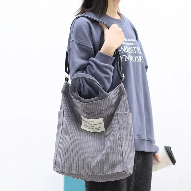 Wholesale Fashion Designed Reusable Cotton Canvas Crossbody Corduroy Tote Bag With Adjustable Strap