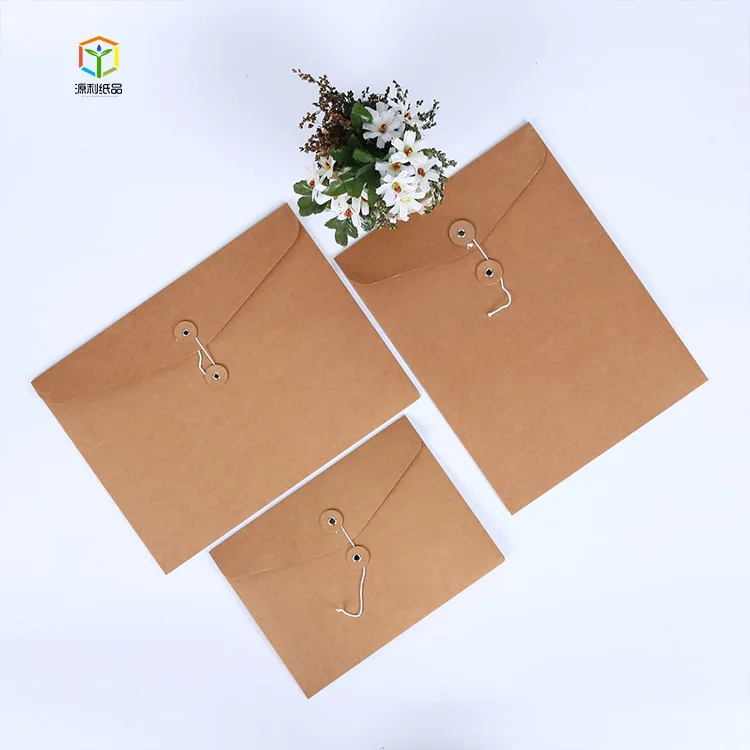 
Recycled custom printing packaging black white brown kraft paper envelope with button and string 
