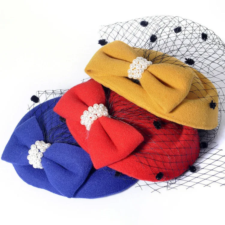 Fashion women Cocktail & Dot mesh fascinator hat Ladies Party Hat with bow Formal church hat Elegant French pearl Headwear