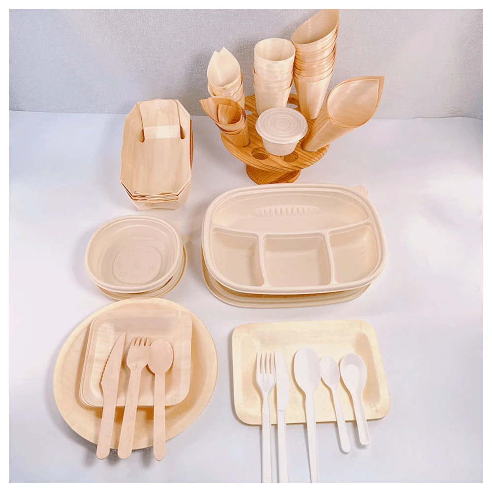 guangdong wedding disposable degradable paper bamboo wood sugar cane plates dinnerware tableware set