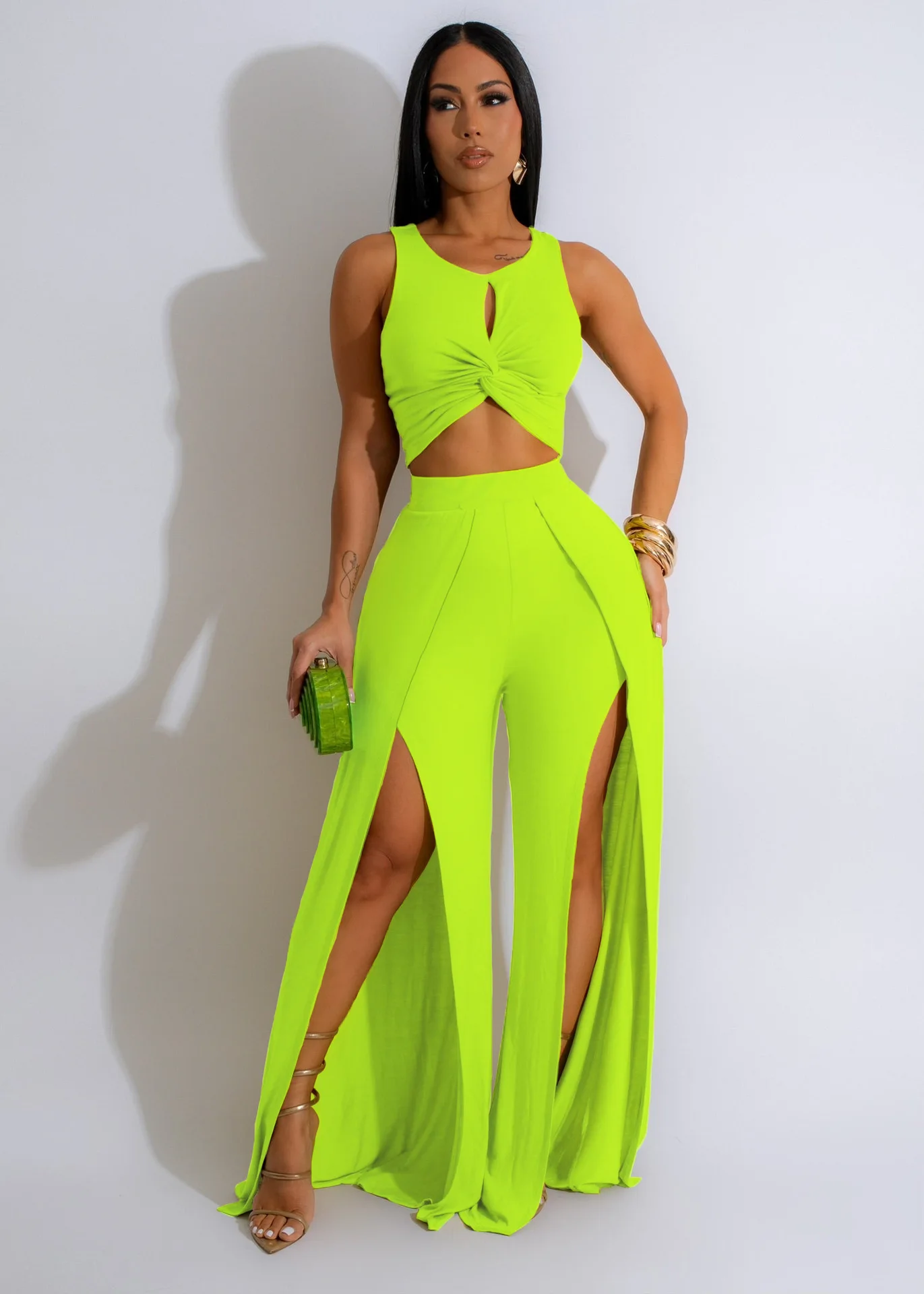 GX468 Fashion Boutique Ladies Street Wear Women Elegant Sleeveless Hollow Out Cropped Top and Split Sexy Pant 2 Piece Set