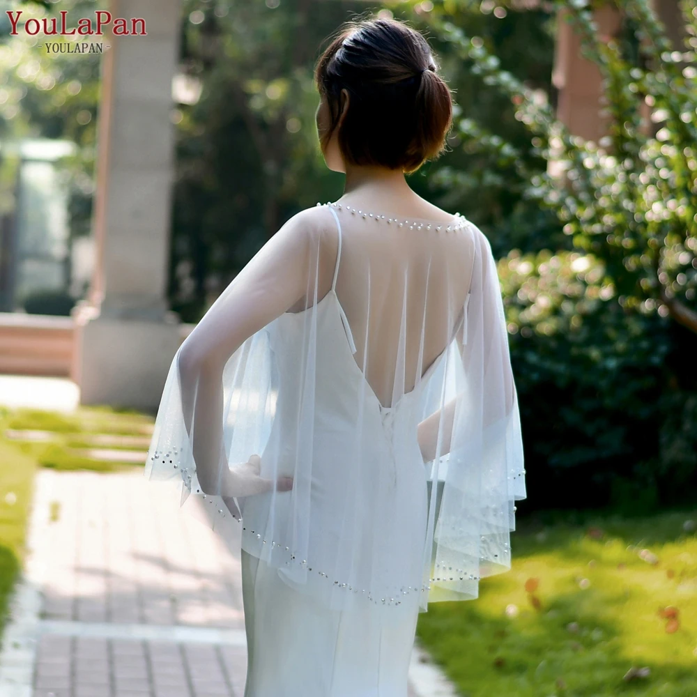 YouLaPan VG27B Wholesale Women Bolero Rhinestone Pearl Thread Round Neck Pullover Cover Up Bridal Wedding Dress Tulle Shawl Cape