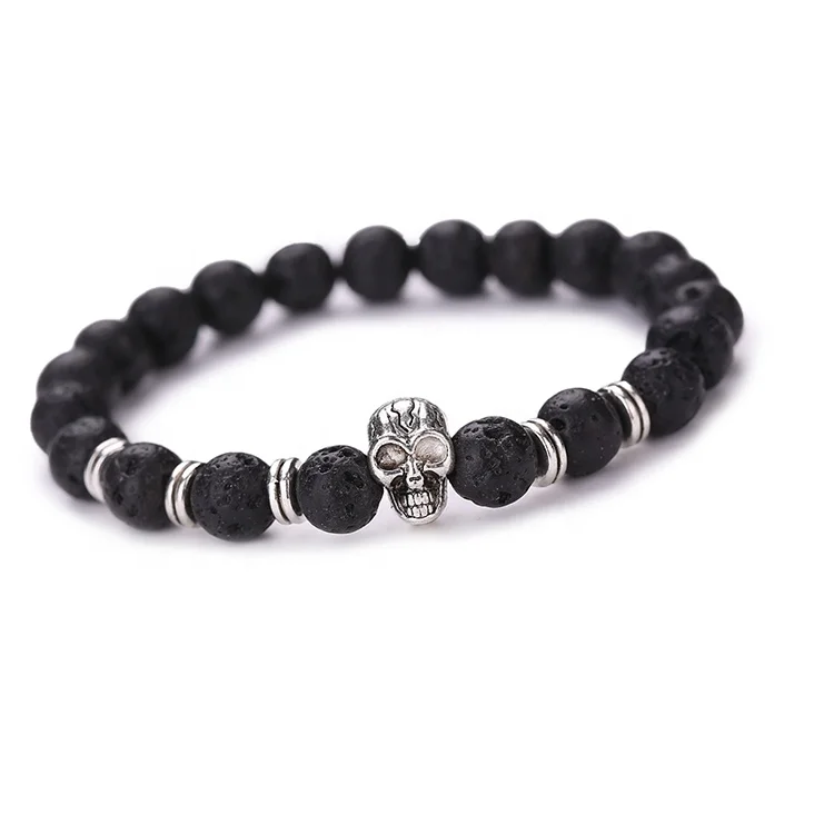 Cheaper Fashion Men Natural Gemstone Agate Stone Jewelry Lava Bracelet with Skull Charm