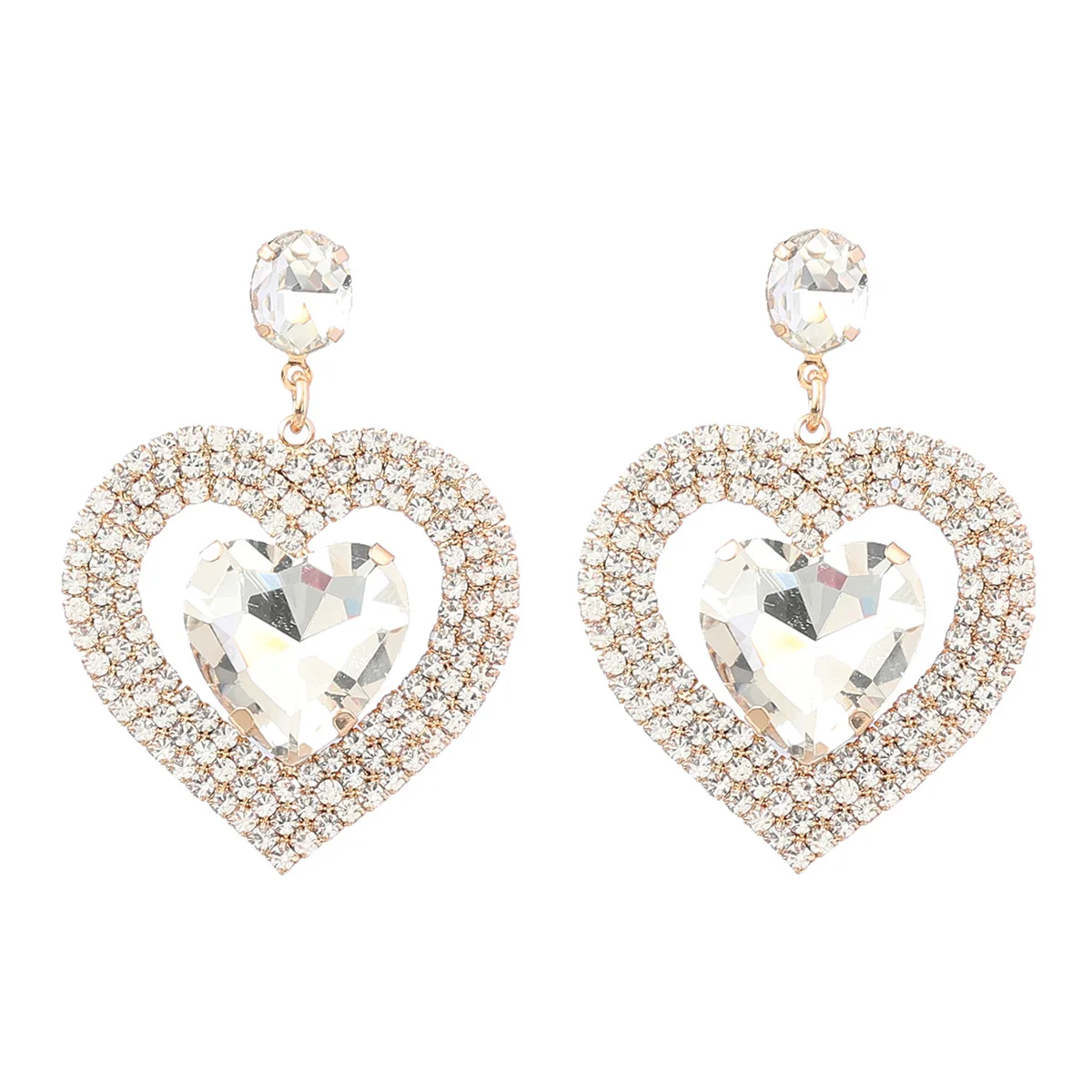 CJ 5 Colors Delicate 18K Gold Plated Double Layer Bling Colorful Crystal Rhinestone Heart Stud Earrings