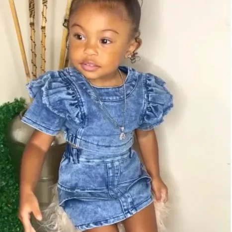 RTS 2023 Summer Toddler Girls Baby Lotus Sleeved Top And Skirt Girl Fashion Denim Skirt Suit 2 Pcs Clothing Set For Kids Outfit