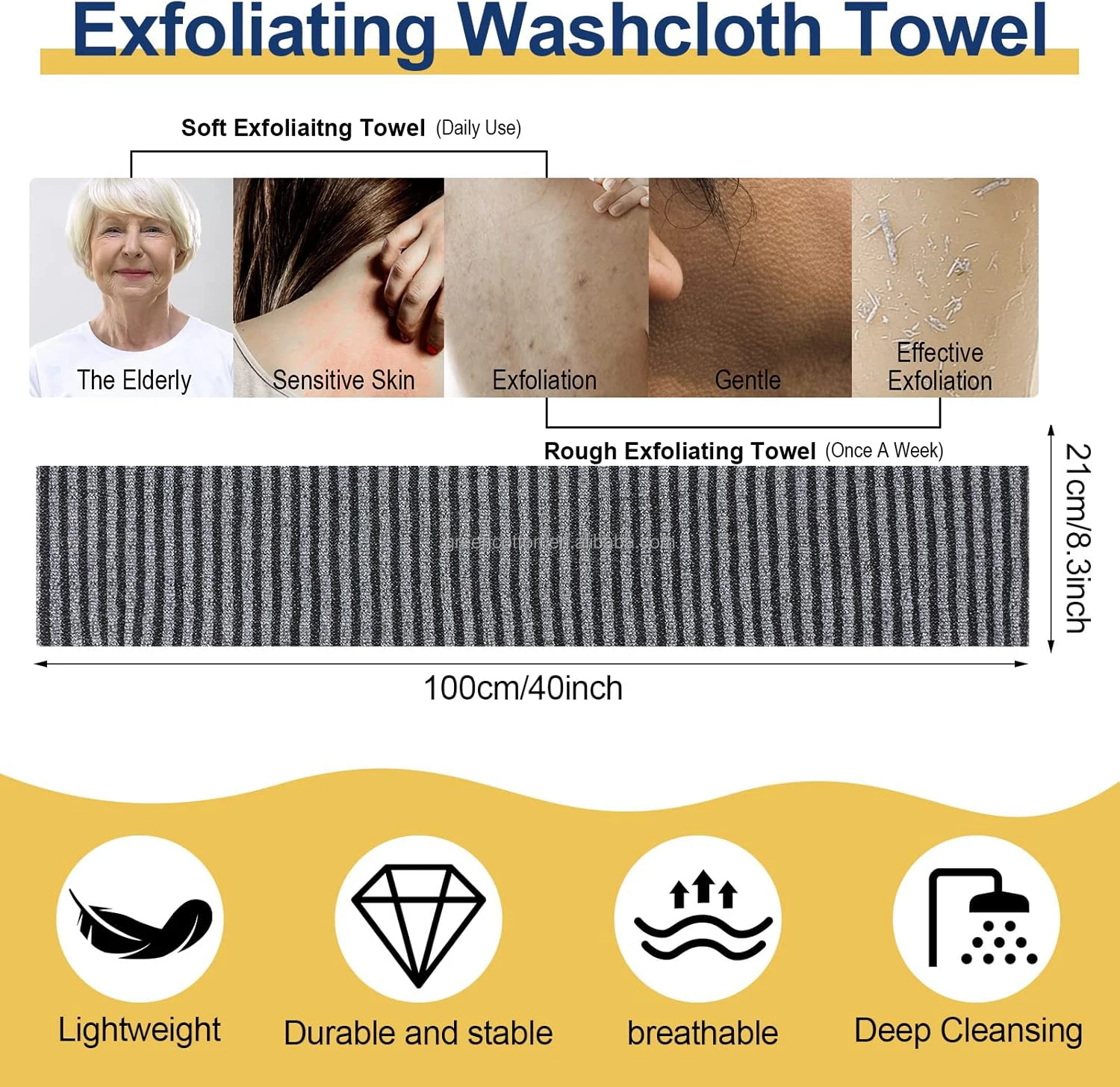 Custom Logo Exfoliating Washcloth Face Body Scrub Towel Japanese Exfoliating Towel Body Scrubber 2 Sides for Scrubbing Washing