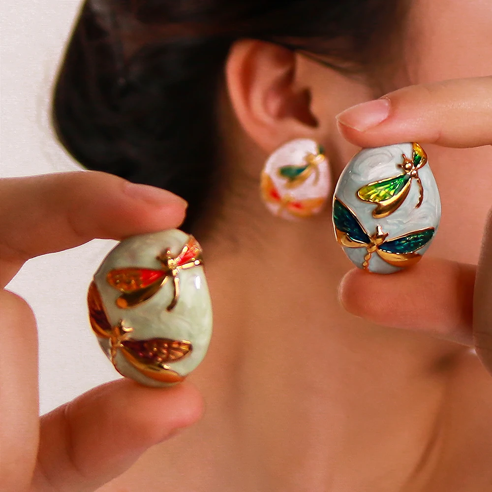 2024 Best Selling Colored Oil Drop Glaze Insect Butterfly Flower Shape Stainless Steel Asymmetric Earrings