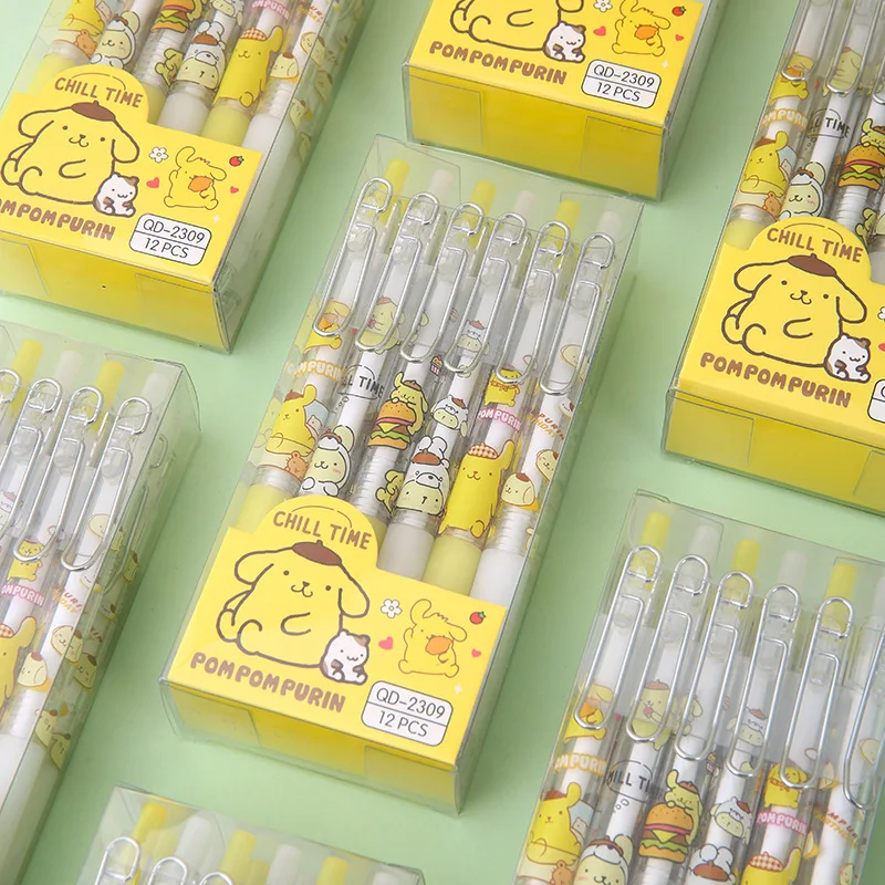 Wholesale 12pcs/box Kawaii Gel Pen Sanrioed pompompurin metal hook press pen cartoon shape signature student Black Pen