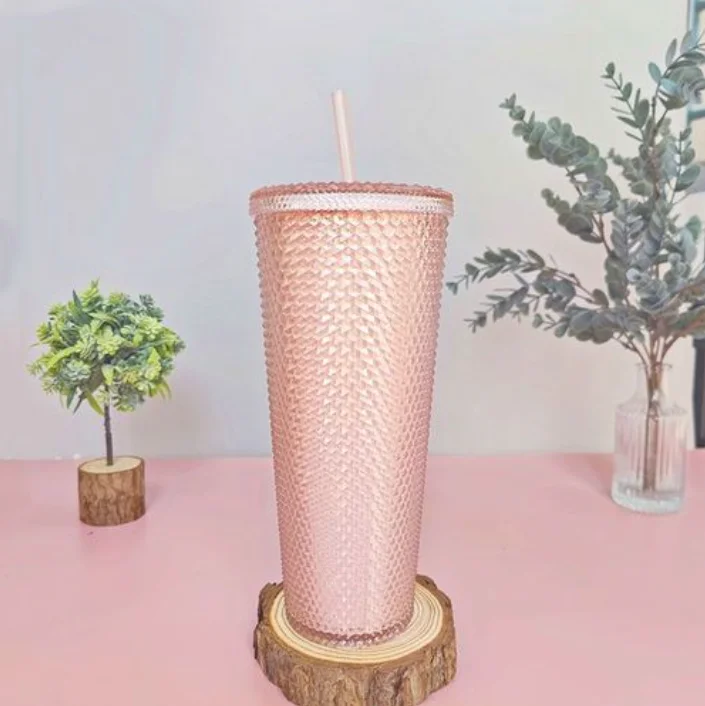 2023 NEW Hot DIY 16oz 24oz Cold Coffee Mug Double Wall Plastic Iridescent Matte Studded Cups Tumbler with Straw Lid