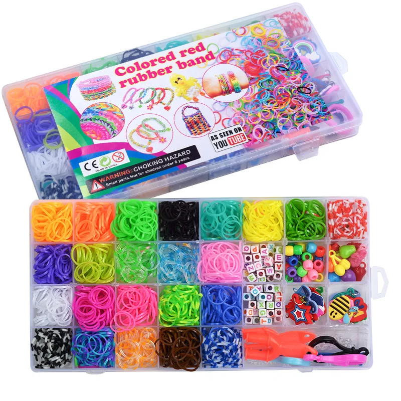 Hot Sales 1500+ Pcs Rubber Bands Bracelet Kit 32 Grid Loom Bands Clips Beads Diy Set