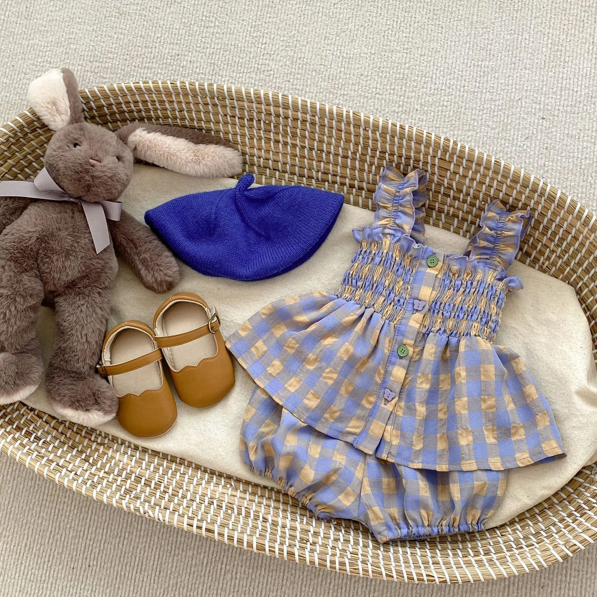 Summer Baby Girl Plaid Suit Sleeveless Doll Shirt and Flower Shorts  Two Piece Outfits Purple Baby Girl Clothes Set