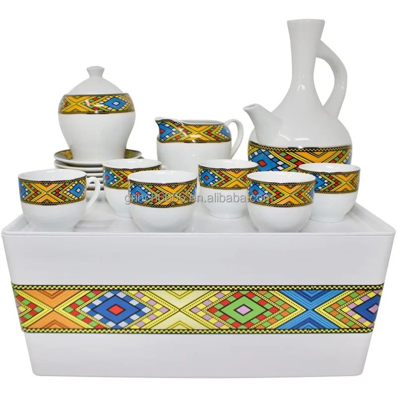 Traditional Ceramic Ethiopian Coffee Cup set with Jebena Coffee pot Cupot Queen Of Sheba Ethiopia Coffee Set