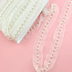 8mm white color pearls 4cm organza lace trims garment clothing dress home textile accessories