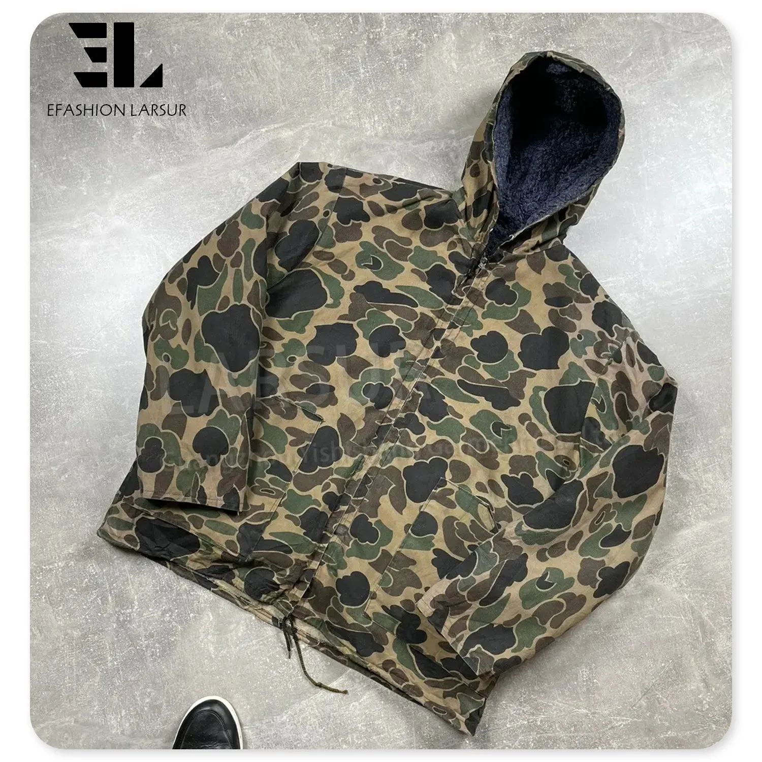 LARSUR Custom factory full printed heavy duck canvas camo jacket zipper fly cotton camouflage jean denim canvas hood work jacket