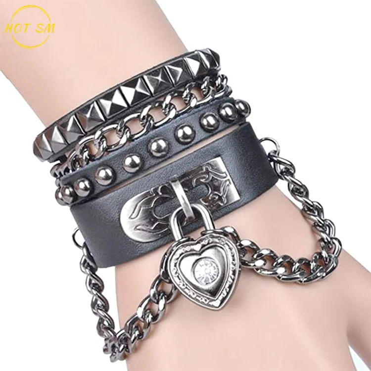 
Multilayer Bracelet Black Leather Bracelet for Men Women Bracelet with Heart Tassel Pendant Bangle Spike Studded Rivet Chain 