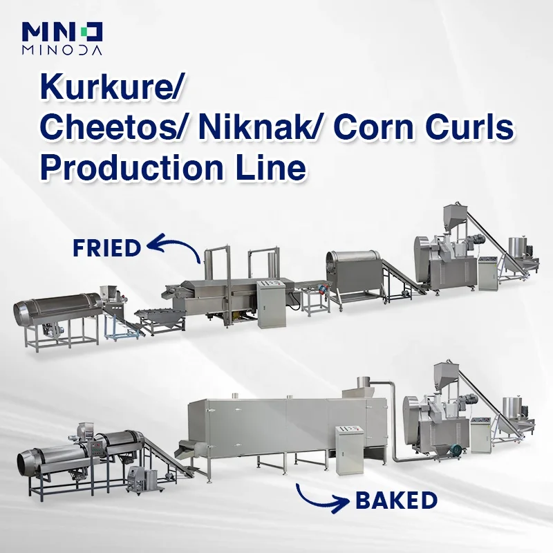MINODA Customized Fried Crunchy Cheese Cheetos Corn Curls Kurkure Nik Nak Production Machine Corn Puff Snack Food Machine