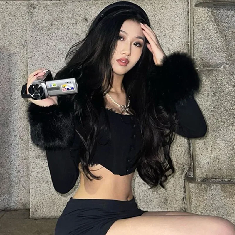 Peeqi High Quality Women Fall Winter 2023 Clothes Short Style Wool Collar Long - sleeved Sweater Vest Two Piece Set