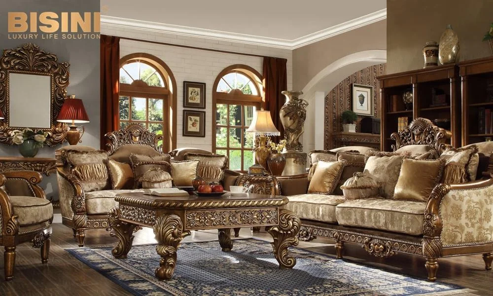 Wooden Carving European Golden Living Room Sofa 1+2+3 Sitting Room Sectional Sofa Set With Coffee Table