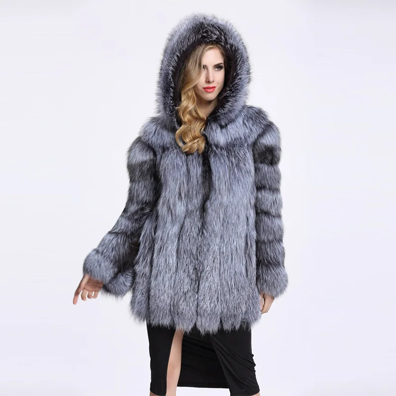 Women Artificial Fur Outwear Hooded Faux Fox Fur jacket Fake Fur coat