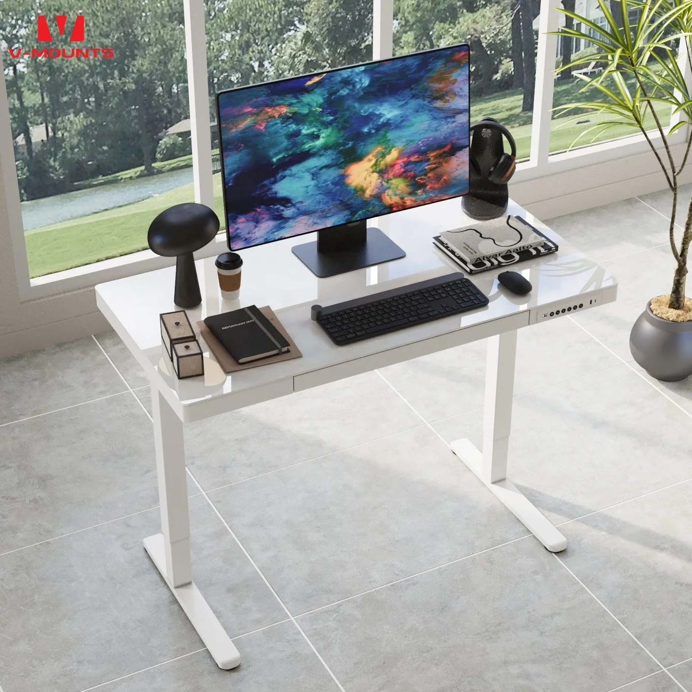 V-mounts tempered glass desktop adjustable office sit-stand desk with settable memory mode & USB/Type-c port JSD5-01-G7