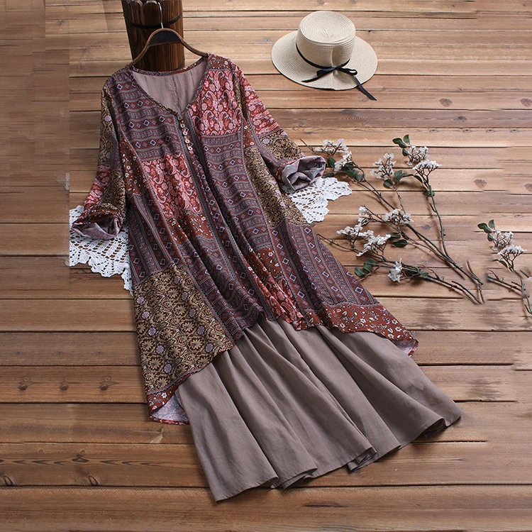 Ladies Casual Dress Light Green Floral Patchwork Layered Linen Blend Midi Long Floral Dress