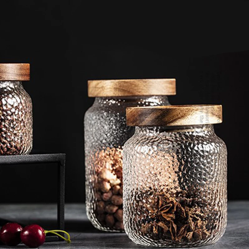 300ml 500ml Custom Stackable Rice Candy Kitchen Canisters Clear Glass Food Storage Jars Containers With Wooden Lids