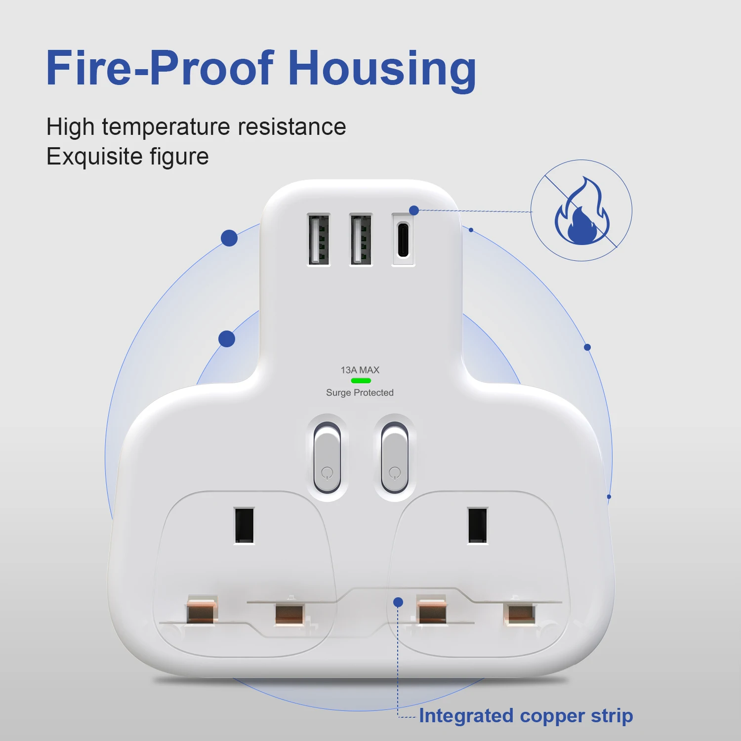 Double Plug Adaptor with USB C, 2 Way Plugs Extension Multi Sockets Wall Charger Adapter, 13A UK 3 Pin Power Socket for Bedroom