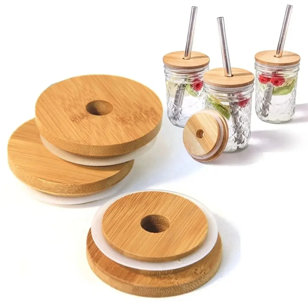 Mason Jar Lids Straw Lid With Glass Hole Can Mouth Wide Wooden Beer Bottle Canning Bamboo For Caps Cup Covers Sealing Cover