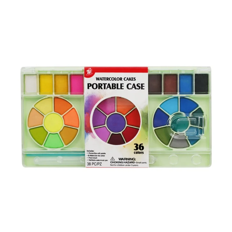 Wingart 36colors Hot Sale Colorful Water Color Paint Set, watercolor cake kit w/brush in plastic box, watercolor palette cake