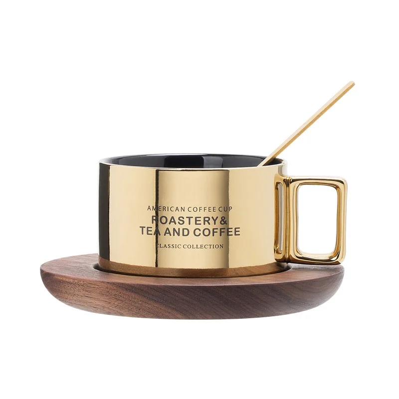 Customized Color  Creative Ceramic Coffee Cup 301-400ml Electroplated Gold Coffee Cup OEM Walnut Wooden Tray Ceramic Mug