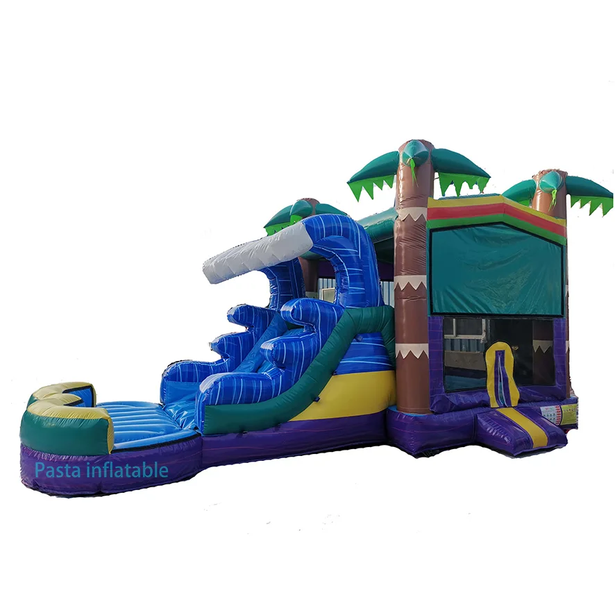 marble purple inflatable castle combo palm tree bouncy castle jumping bouncer tropical moonwalk combo with heart-shaped pool