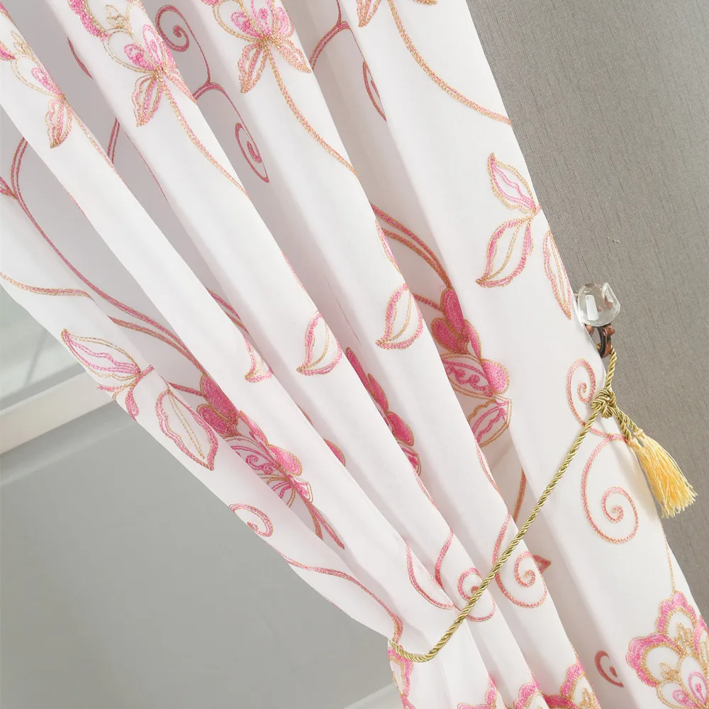 Double layer luxury rod pocket curtains valance attached pink&gold shiny embroidered thread peacock crown design for  bedroom