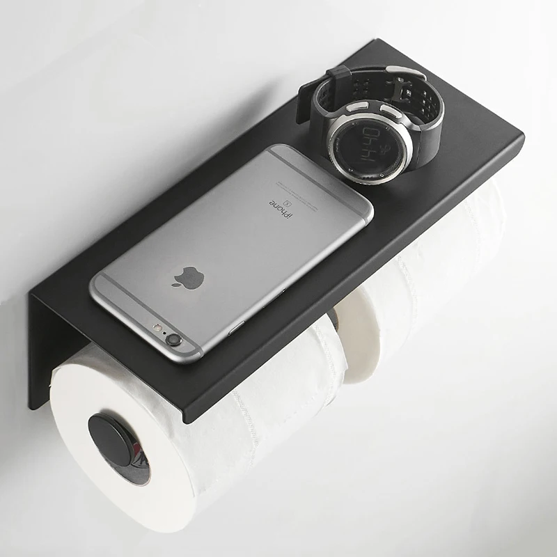 Bathroom stainless steel double black tissue roll toilet paper holder with shelf