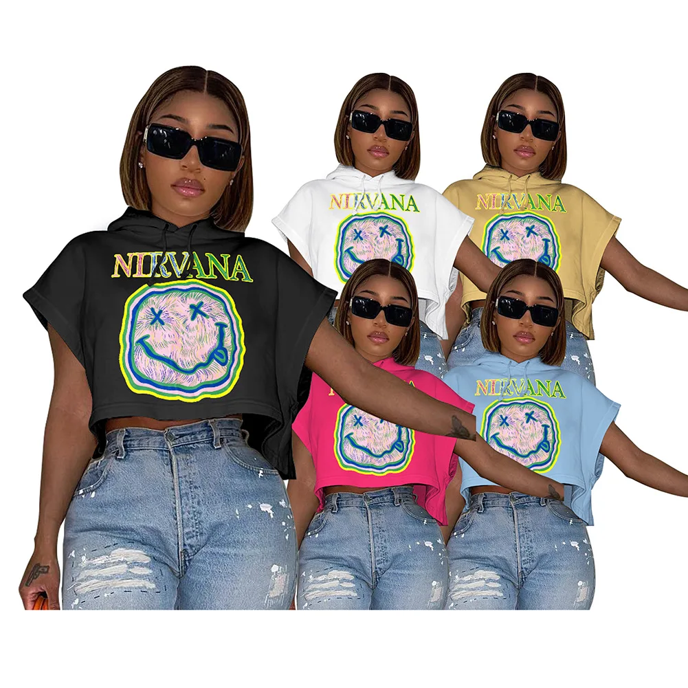 Summer Smiling Face Printed Sweater Hooded Crop Top Short Sleeve Graphic Print T Shirt Women 2023