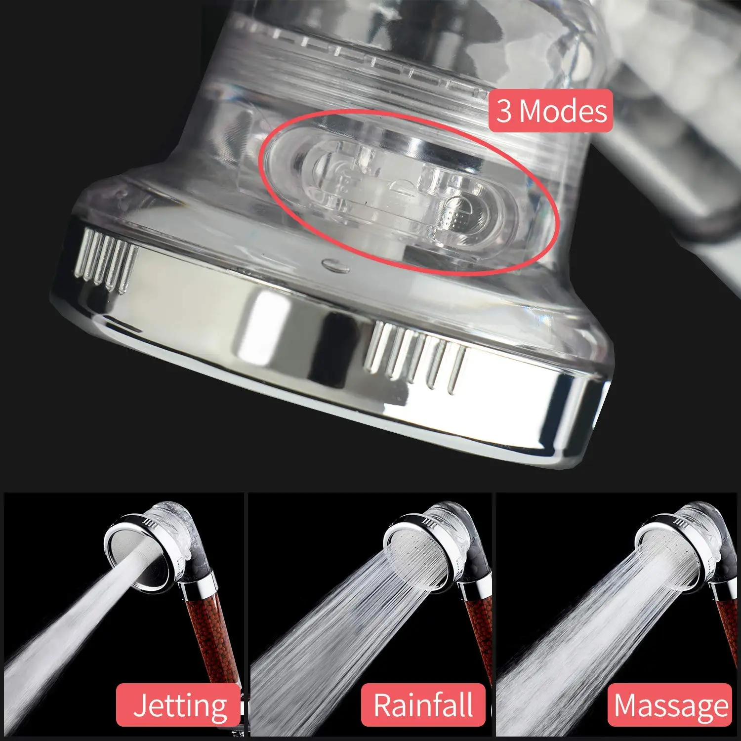 Powerful Flow Ionic Shower Head 3-Way Modes Filter Ion Shower Head Shower Water Flow Regulator