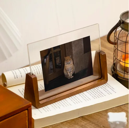 High Quality Walnut Wood Base Break Free Acrylic Glass Rustic Wooden Photo Frames  for Tabletop or Desktop Display