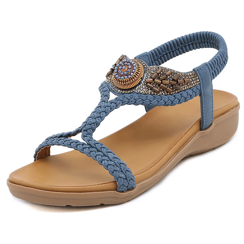 Summer New ladies Elastic Belt flats sandals Fashion Women Knitted beach Sandals wholesale women casual sandals customization