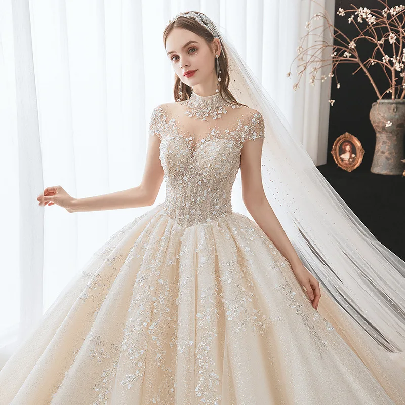 Beautiful elegant bridal ball gown wedding dress with tail guipure lace wedding dress