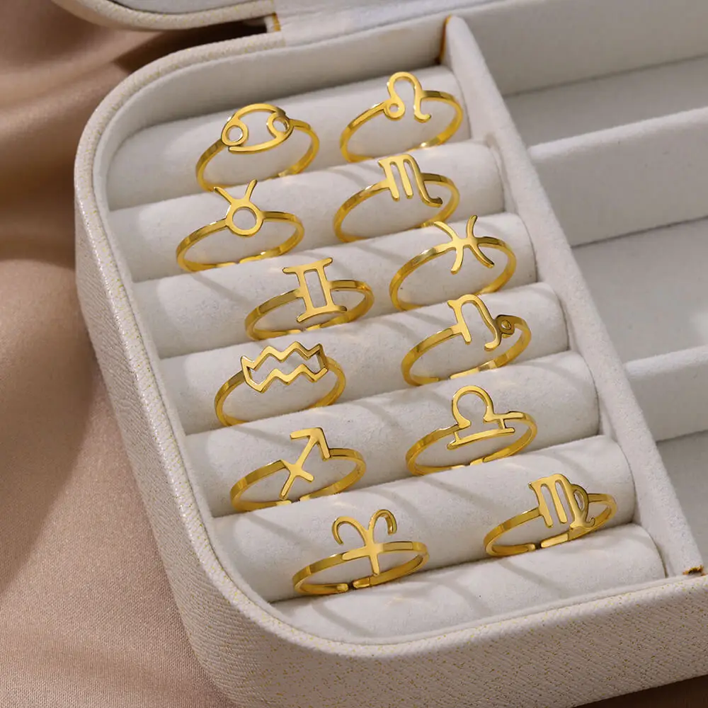 Aries Leo Virgo Gemini Libra Pisces Scorpio Birthday Gift Stainless Steel Zodiac Rings for Women 12 Star Signs Open Ring