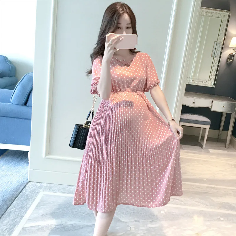Chiffon Dresses Maternity Clothing For Pregnant Women Short Sleeve V-neck Dot Pregnancy Dress Maternity Summer Dresses