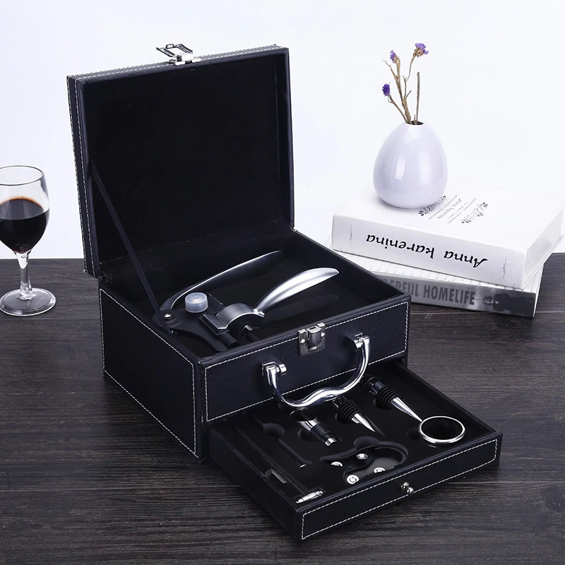 Double Layer PU Leather Box Wine Opener Set With Hot Design Wine Opener