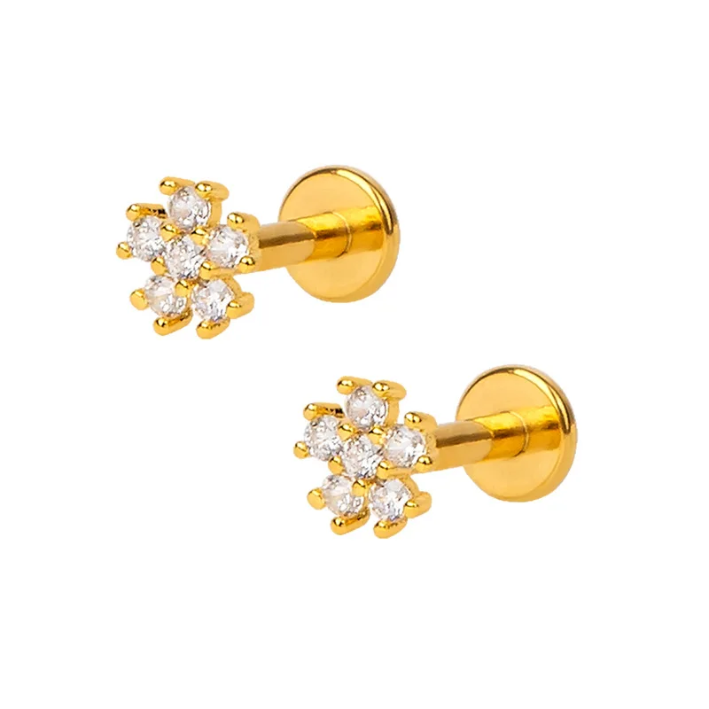 Tiny Stud 14K 18K Pure Gold Solid Flower Shape Ear Piercing Studs White Topaz Earrings Piercing Jewellery /