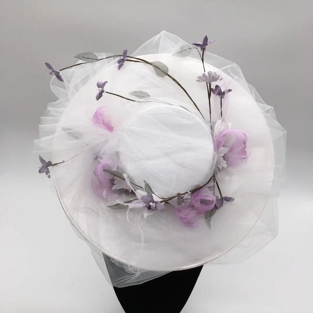 Bridal Hat Wedding Dress European Style Gauze Hat Versatile Accessories Feather Purple Flower Tea party Dinner Top Hat