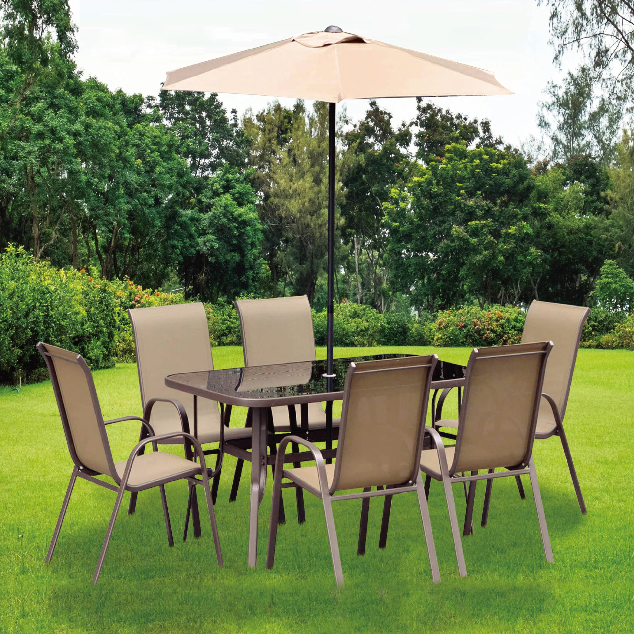  outdoor patio dining steel table and 6 stackable chairs garden bistro furniture set with