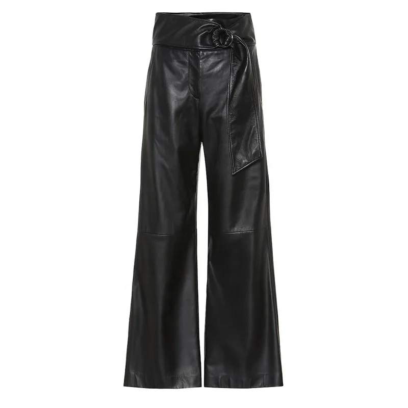 Wholesale elegant casual leather pants high waist wide leg pants for ladies