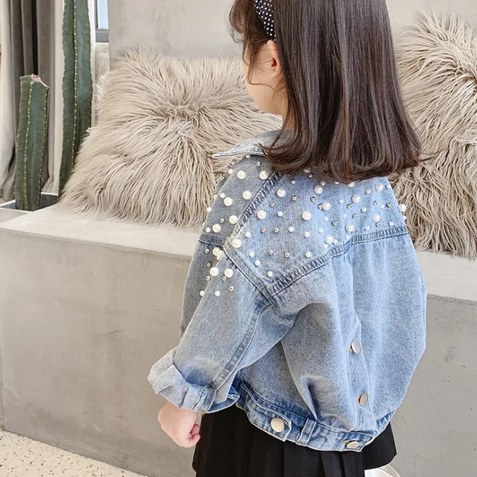 
SE6652 Fashion meets fun wholesale lovely kids girl pearl denim jacket 