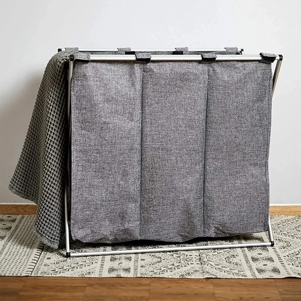 High quality aluminium frame 3 compartments laundry hamper basket