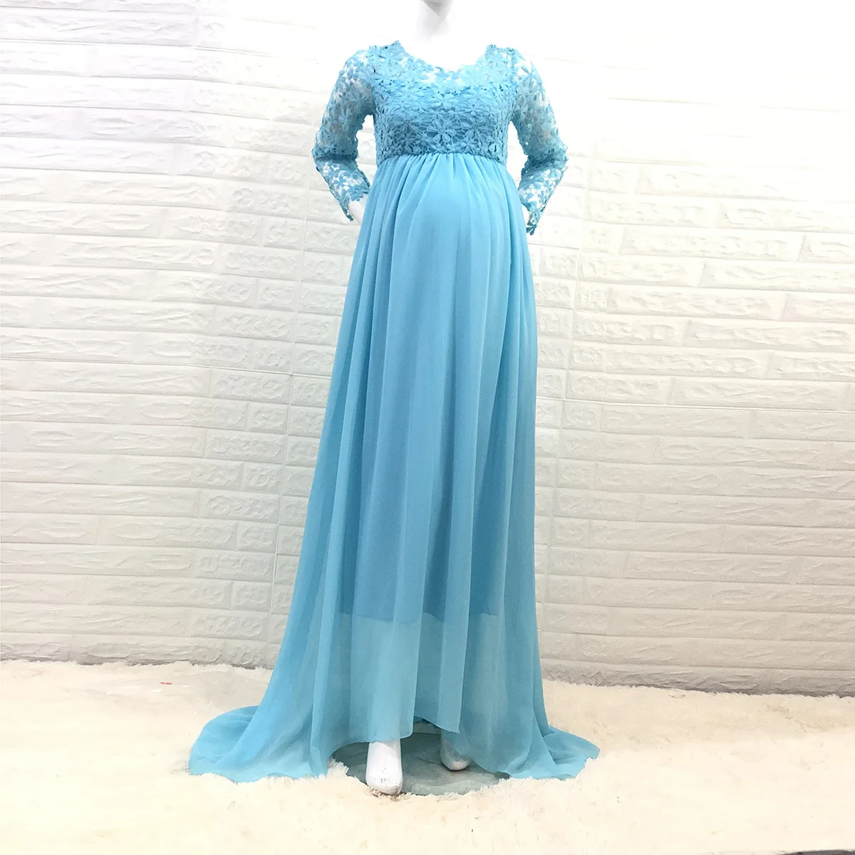 2021 USA Elegant Round Neck Long-Sleeved Flower Stitching Chiffon Mopping Dress For Pregnant Women Photo Dress Free Shipping