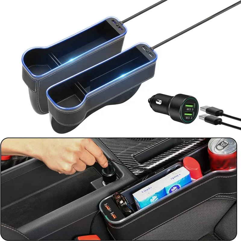 Car Seat Pockets with Led Light with USB Car Charger Luxury Auto Storage Box Car Seat Gap Organizer